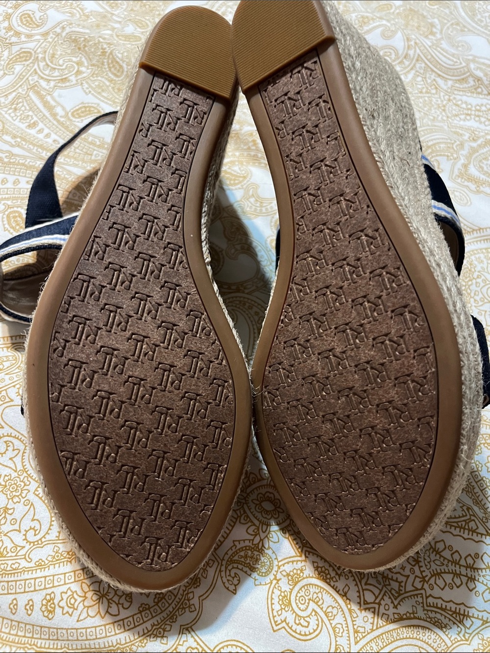 Lauren Ralph Lauren Navy Espadrille Wedge Sandals with Silver Logo Trim - Picture 7 of 9